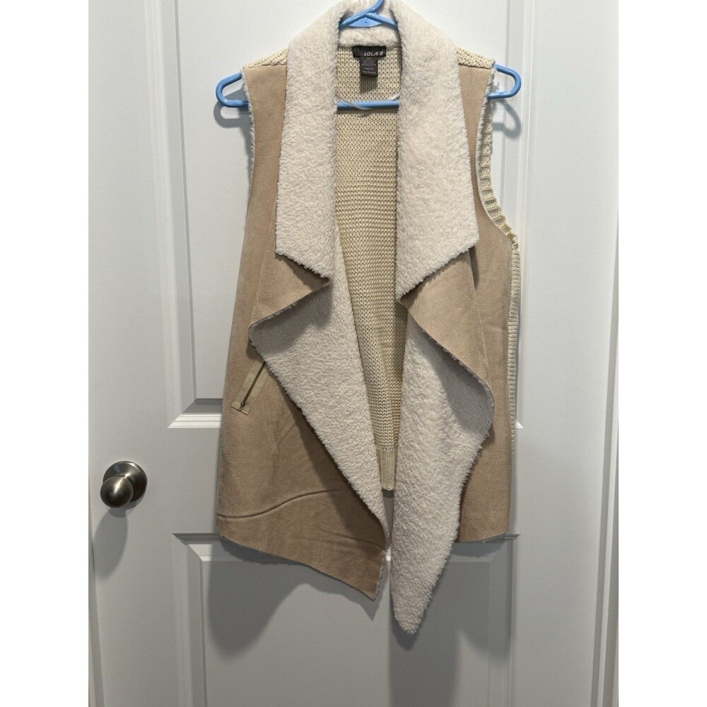 Tan Sherpa Faux Leather Vest Large Lola B Collared Beige L‎ Fall Winter